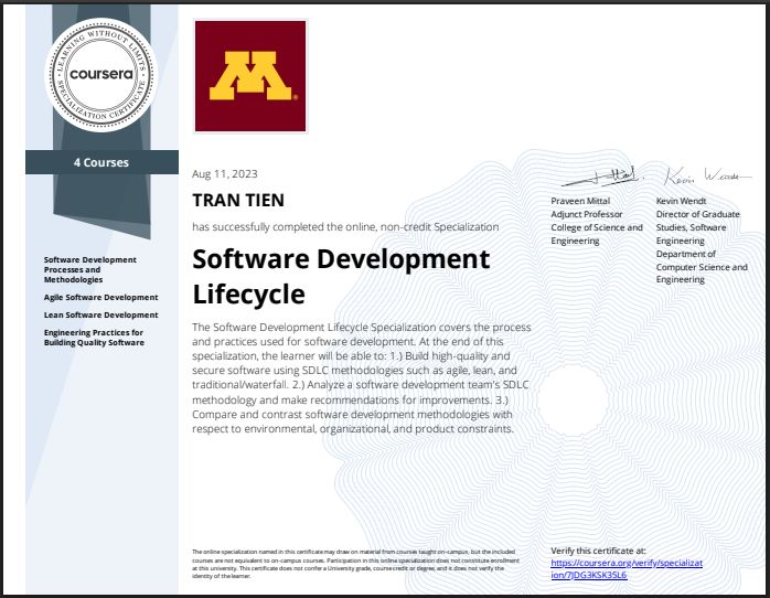 Software Development Lifecycle certificate
